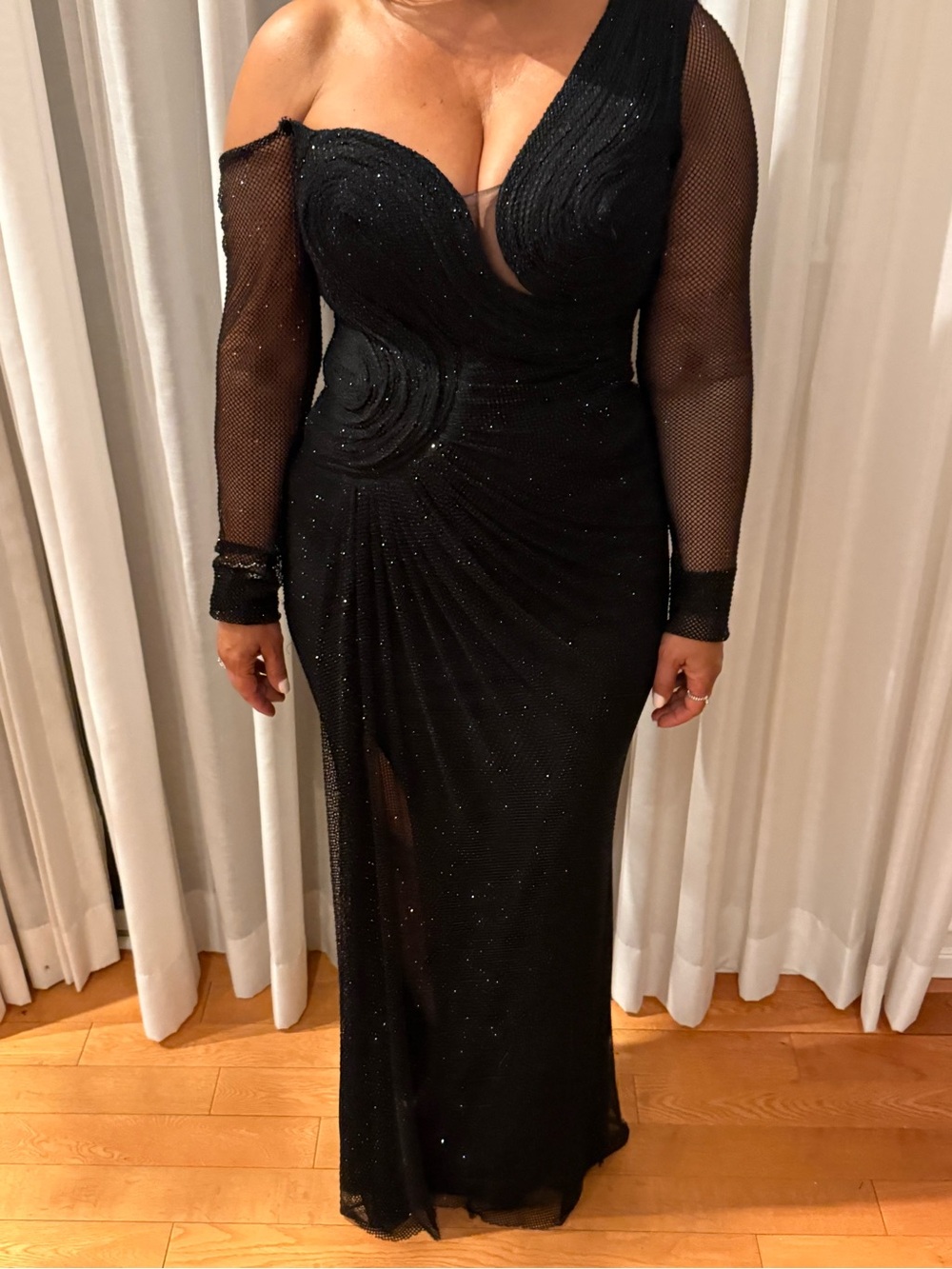 Black One-Shoulder Evening Gown with Sheer Mesh Sleeve